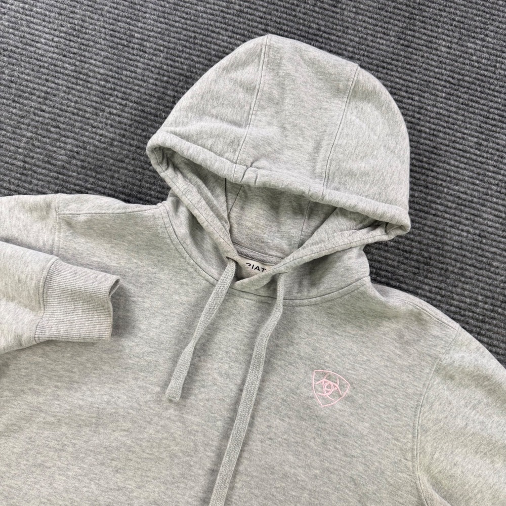 Ariat Hoodie Womens Medium Gray Pullover Pink Embroidered Logo Fleece Sweatshirt